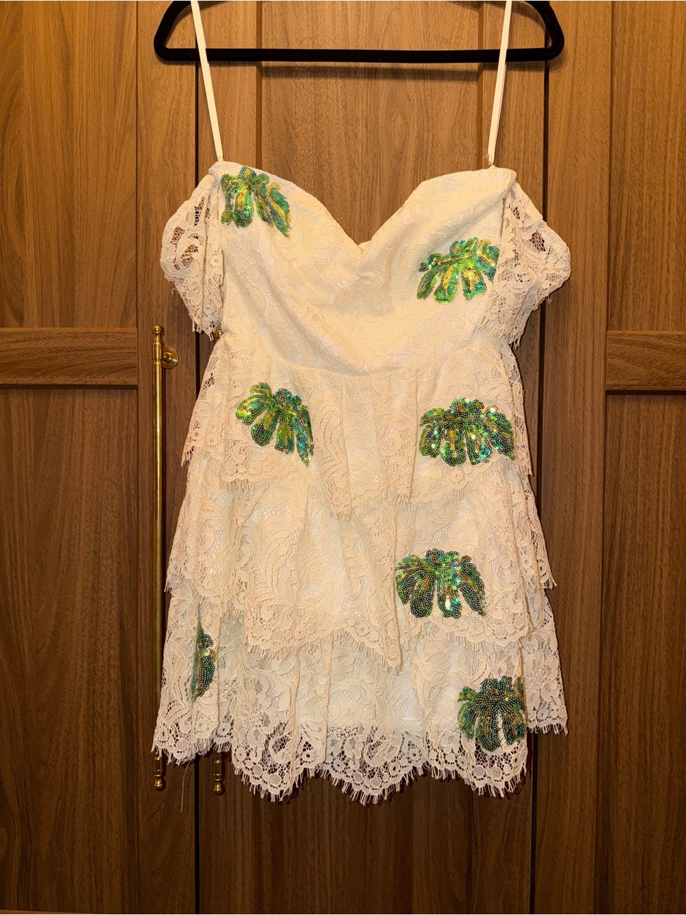 Lovers + Friends White Lace Mini Dress with Green Sequin Palms